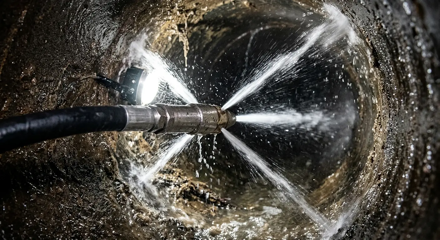 High-pressure hydro jetting nozzle cleaning sewer pipe for Trenchless Sewer Repair in Jefferson City