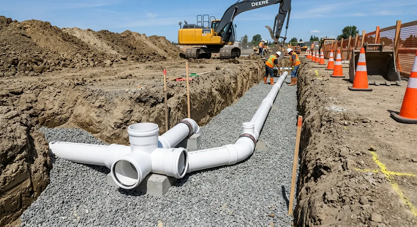 New PVC sewer pipe installation in open trench for Commercial Drain Cleaning in Jefferson City