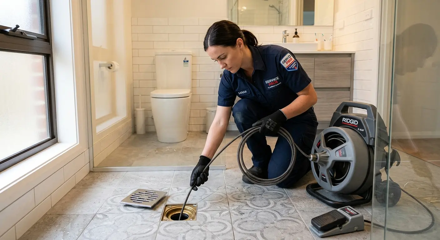 Technician clearing a bathroom floor drain for Drain Cleaning in Jefferson City